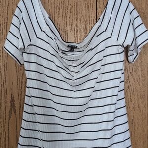 Torrid Stripe Rib Off Shoulder Henley White & Black Tee